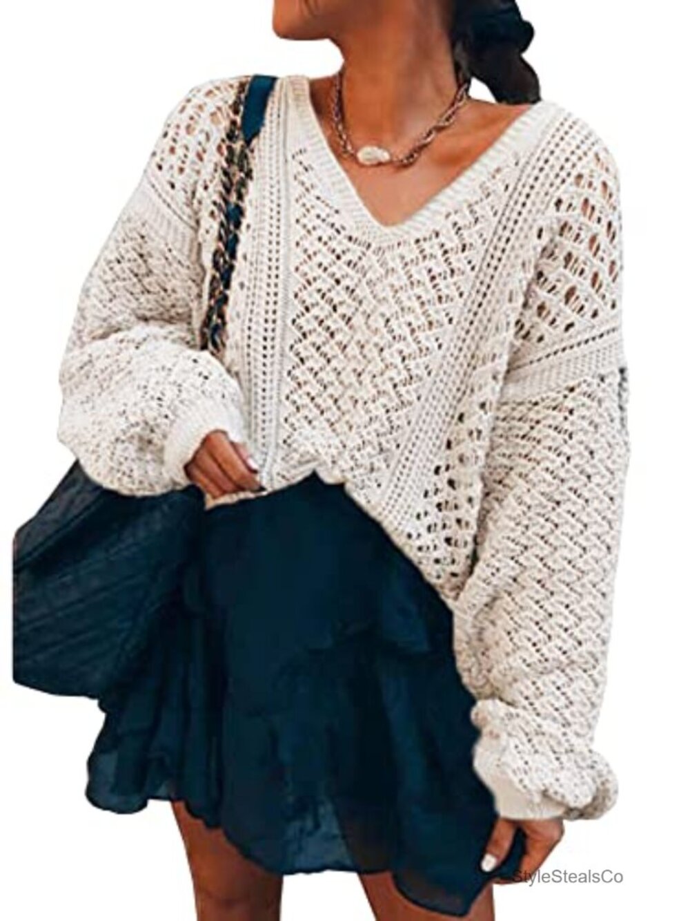 Women's Oversized V Neck Off Shoulder Crochet Sweater Batwing Sleeve Pullover